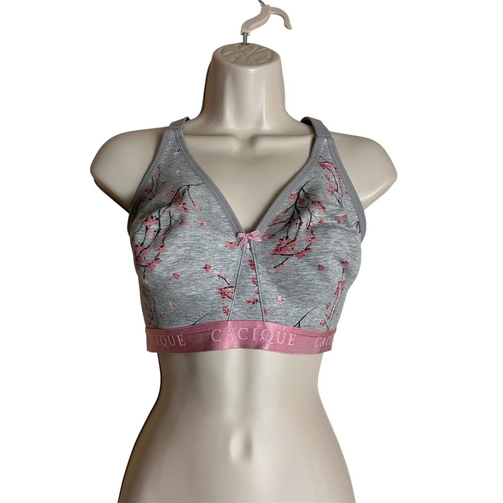 Cacique Bra Size 42DD Gray Floral Pink Lace Racerback Wire Free Full Coverage